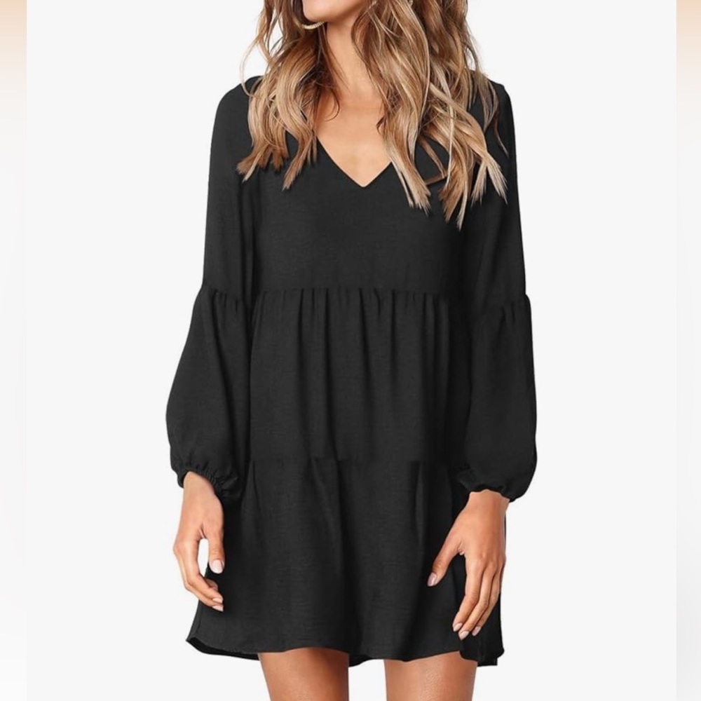 Amoretu Women’s V-Neck Lantern Loose Sleeve  Tunic Dress